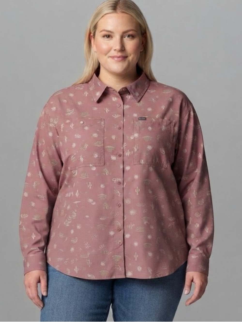 Columbia Plus Size Button-Down Shirt in Dusty Rose with Subtle Desert Print